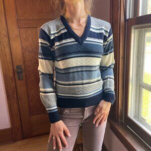 Vintage 80s Striped Knit Sweater Blue Cream Preppy Coquette Academia Lighthouse